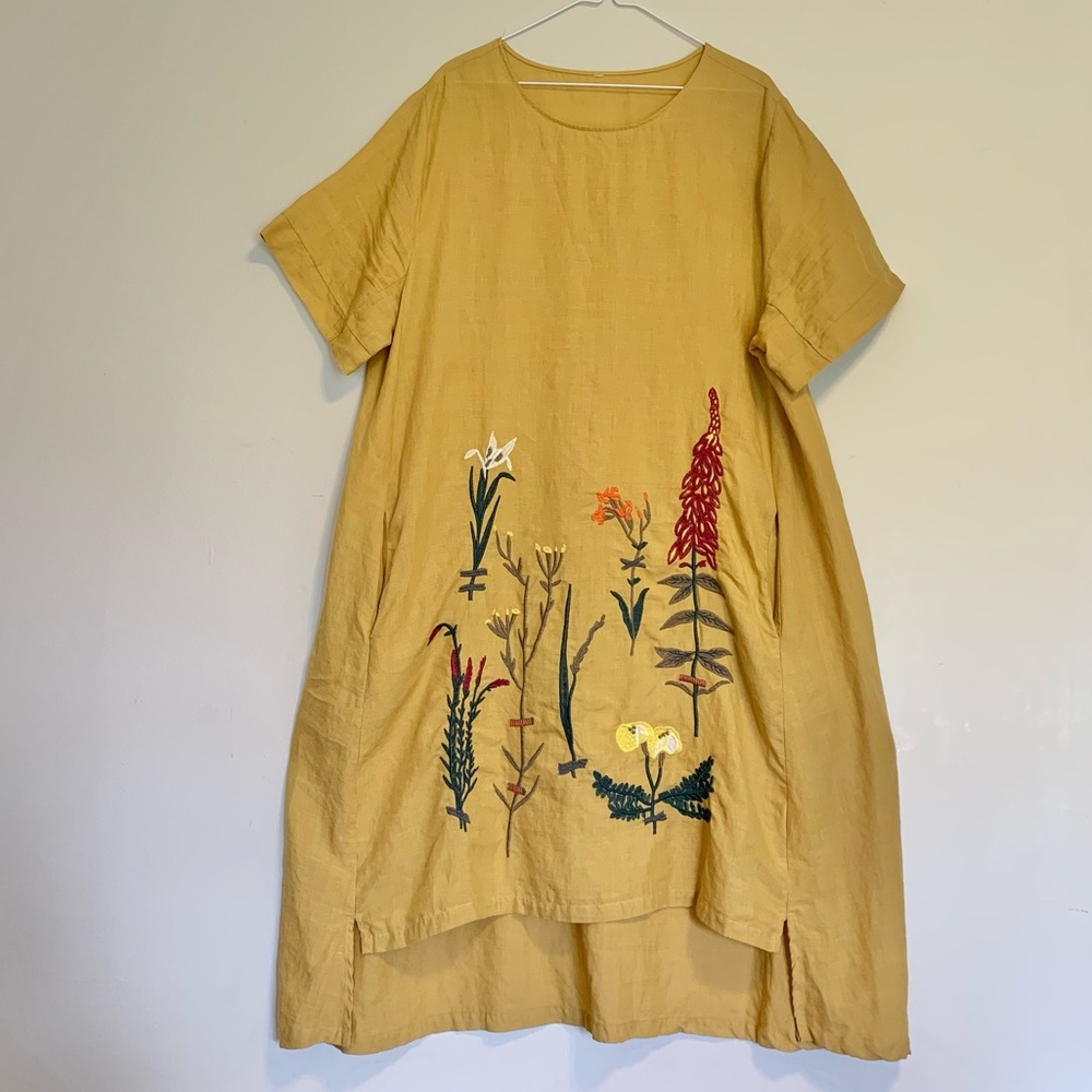 Minibee Linen Dress / Floral Embroidered / Hi Low Hem / Pockets / XXL